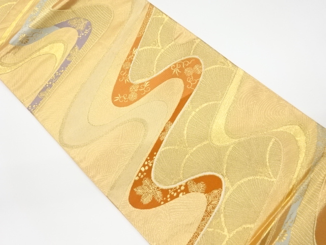 JAPANESE KIMONO / VINTAGE FUKURO OBI / WOVEN FLORAL PLANTS & STREAM
